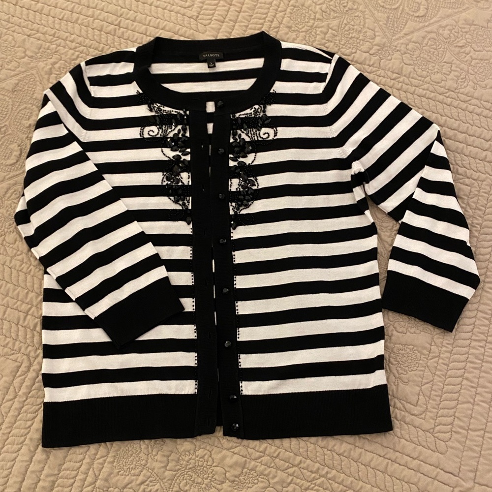 🎉HP🎉 Talbots Black & White Stripe 3/4 Sleeve Cardigan Sweater with Bead Work